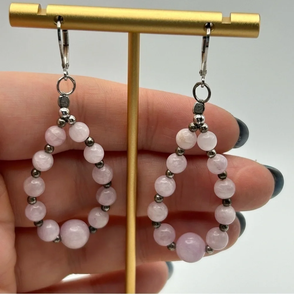 Genuine Rose Quartz Graduated Beaded Sterling Silver 925 Lever Back Earrings